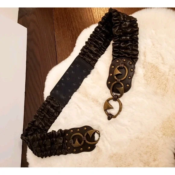 Womens L/XL Chocolate Ruched Elastic Cinch Wide Belt Brass Hook Art Deco Studded - Picture 11 of 14